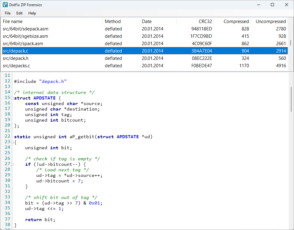 DotFix ZIP Forensics C++ sources recovery