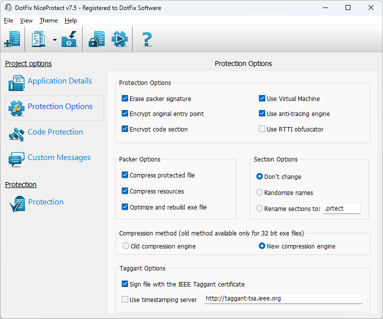 DotFix NiceProtect protection options