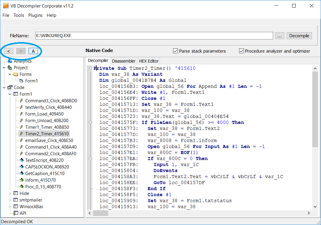 VB Decompiler Analytic Features - Navigation