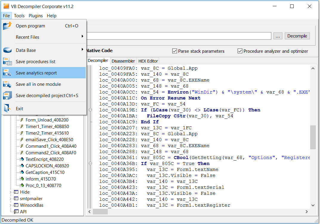 VB Decompiler Analytic Features - Save Reports