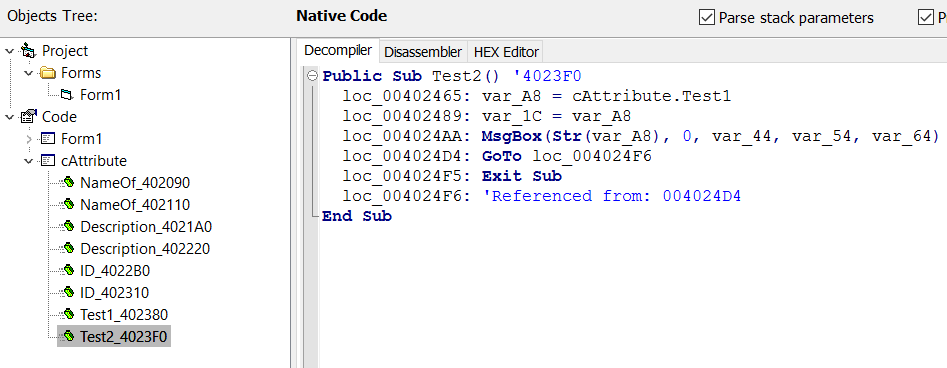 VB Decompiler - Decompiling internal procedure calls in Native Code classes