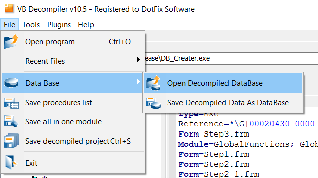 VB Decompiler open decompiler database