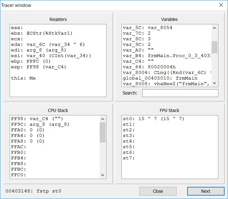 VB Decompiler - Extended emulator stack