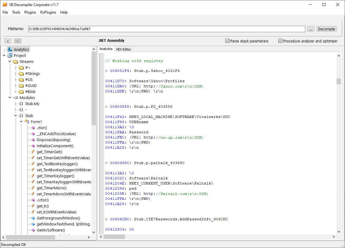 VB Decompiler C# and Visual Basic .NET Analytic Features with string references