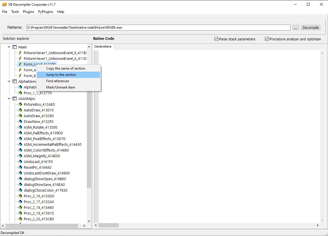 VB Decompiler jump to the desired function along its path