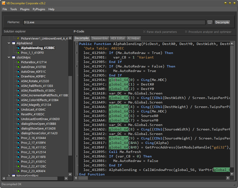 VB Decompiler code view showing all occurrences of a global_XX variable highlighted after clicking one instance