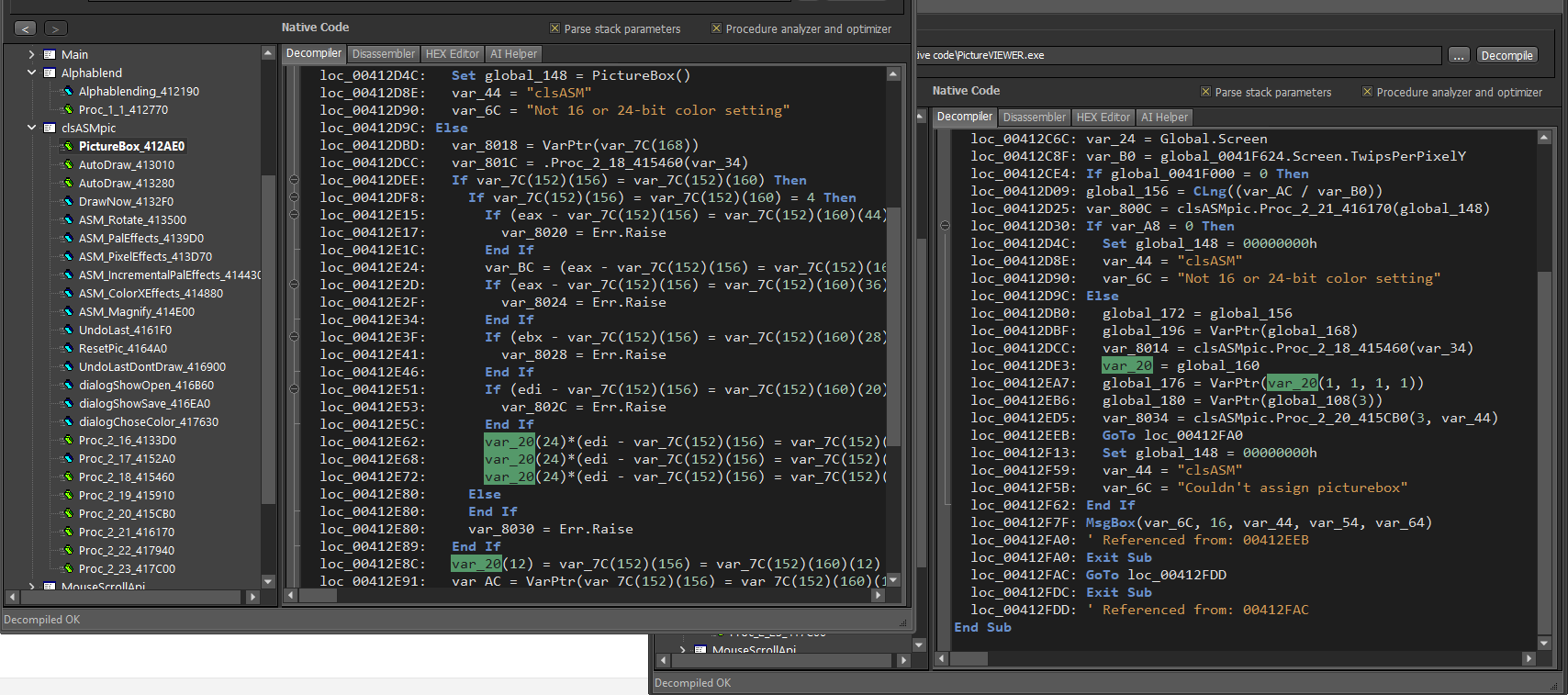 Side-by-side comparison of the same VB6 method decompiled before and after SafeArray support: the Before column shows dozens of lines of raw pointer arithmetic and invalid expressions; the After column shows clean Dim declarations and concise array subscript access