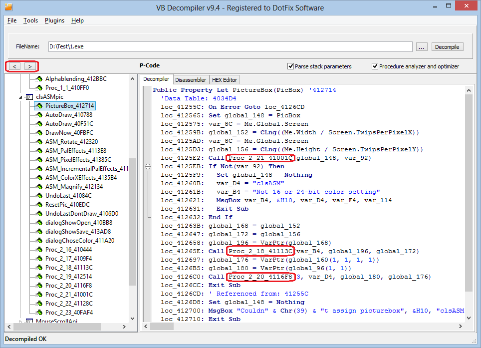 VB Decompiler - Going from function to function